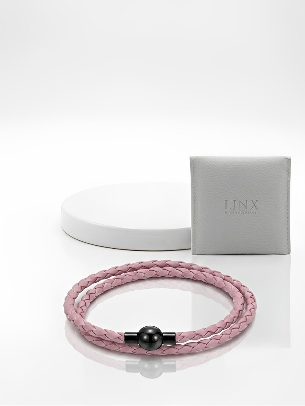 Linx Double Pink Leather Braided Cord Bracelet with Black Magnetic Clasp